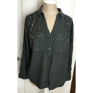 Rock & Republic Gray Long Sleeve Embellishment Blouse Shirt Size OX